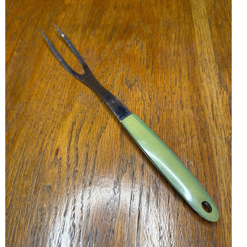 Vintage Sears Stainless Steel Meat Fork Green Handle Made in USA 2 Tine 8.75in